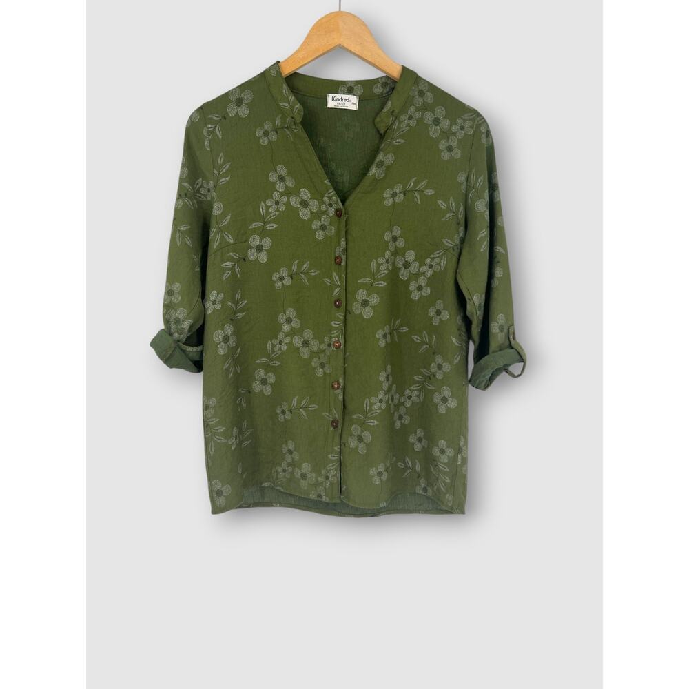 Kindred Olive Green Floral Button Down Blouse Daisy Print 3/4 Sleeve Top PM